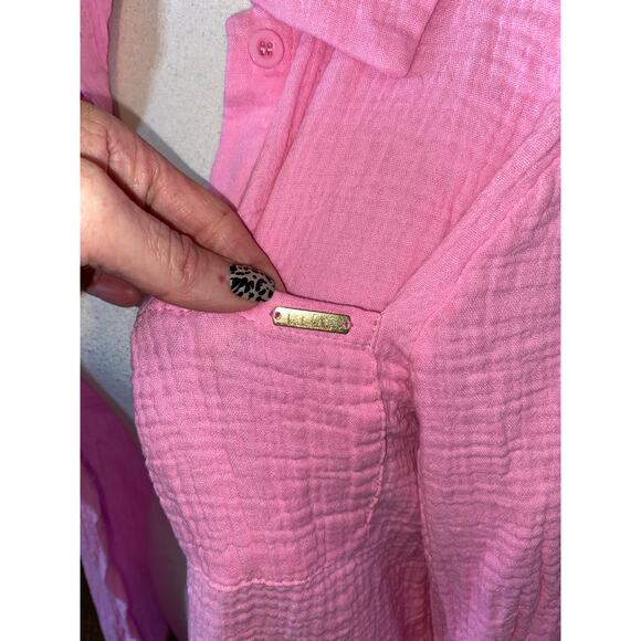 Nicole Miller Pink Textured Button Front Shirt Medium 100% Cotton Top - Picture 6 of 12